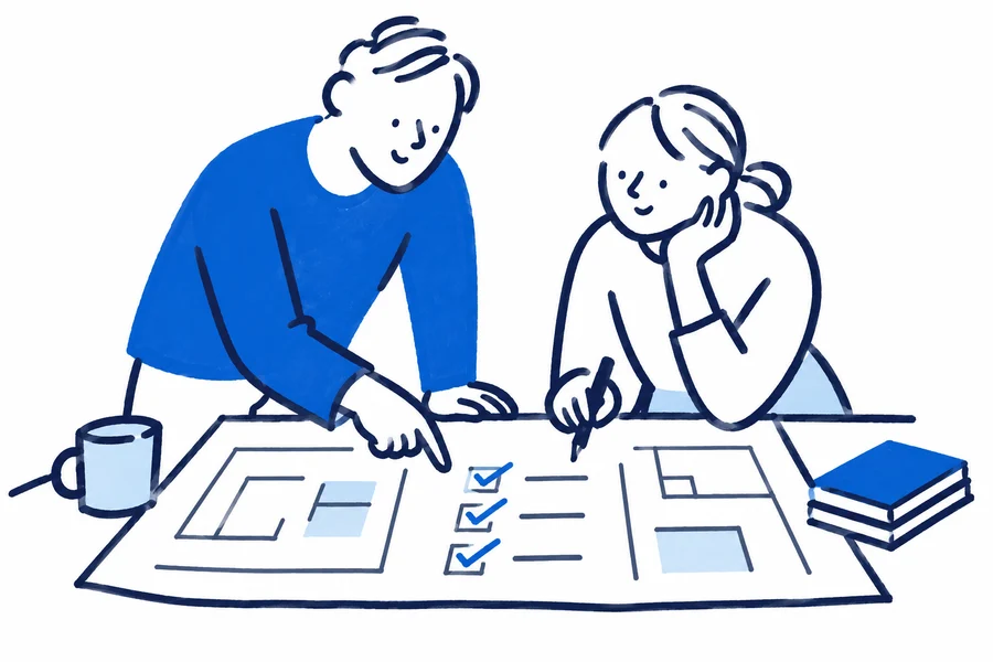 二人で業務の進め方とチェックリストを確認するイラスト
