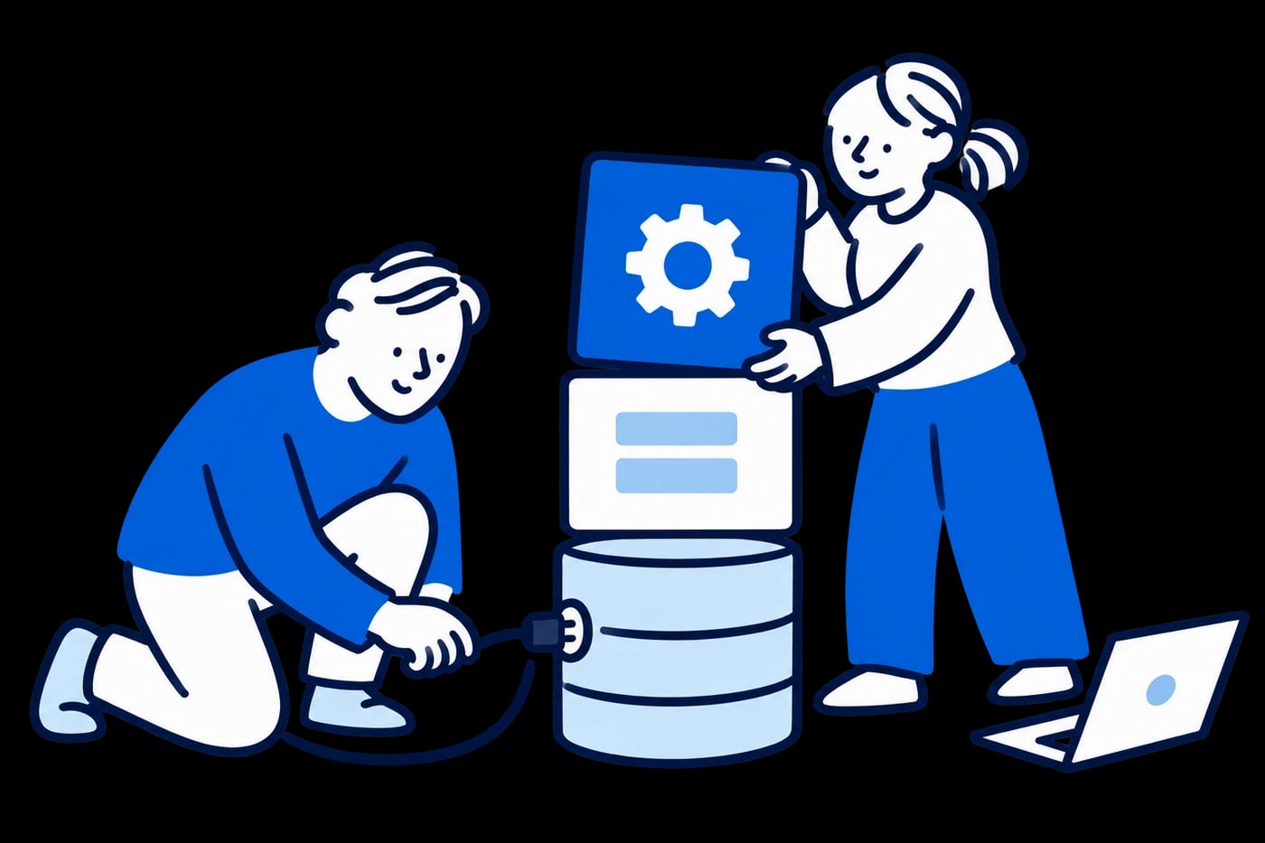 データと業務アプリの部品をつなぐ開発者のイラスト