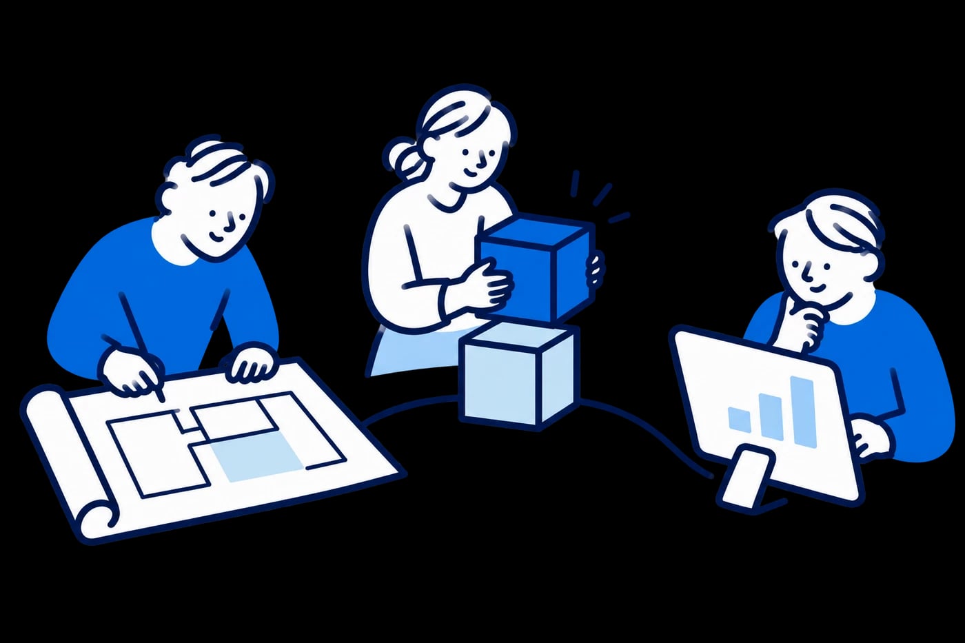 相談・開発・運用をそれぞれ担う三人がつながるイラスト